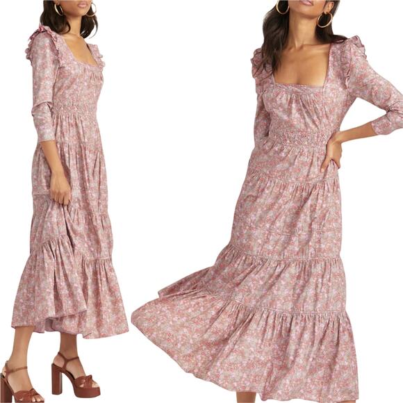 LOVESHACKFANCY Lyna Maxi Dress Tan Garden Cotton Ruffle Floral Pink S 4-6 Sample - Picture 12 of 14